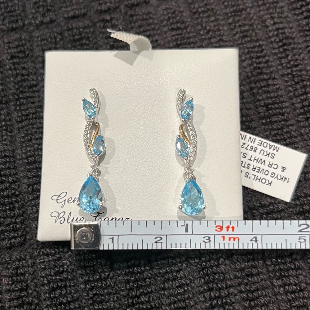 Blue Topaz 14k Gold over Sterling Silver Earrings w/ CR White Sapphires - Picture 2 of 7
